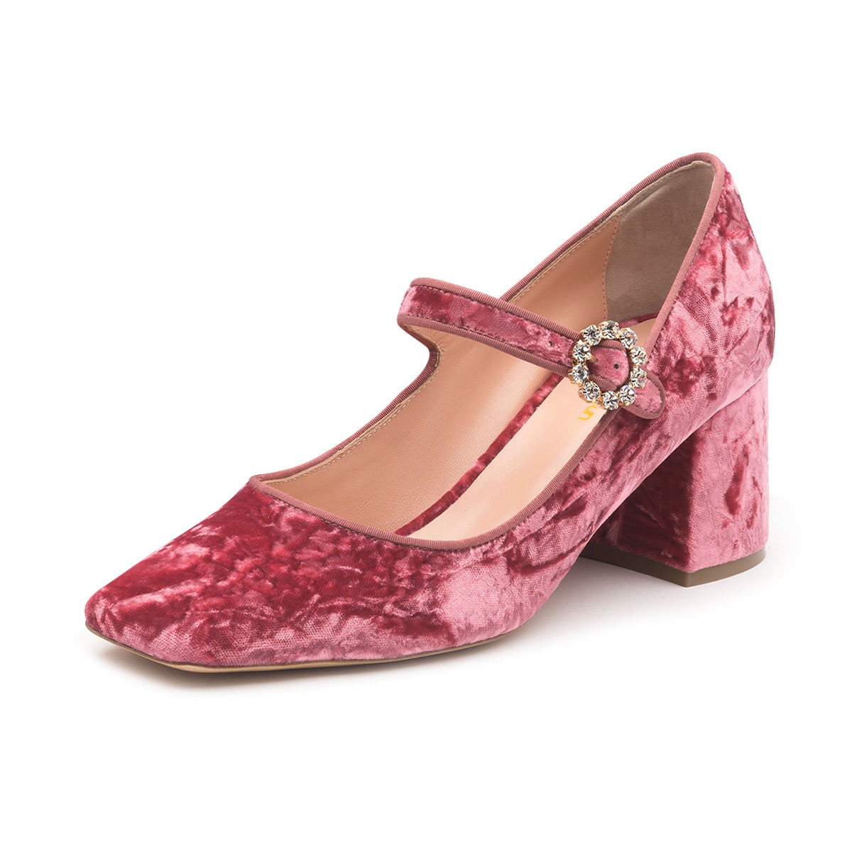 Pink Velvet Rhinestone Buckle Square Toe Block Heeled Mary Janes Nicepairs
