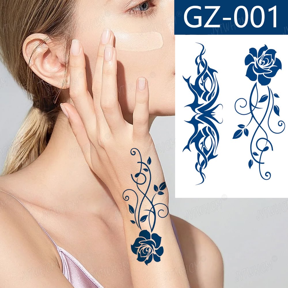 Gingf Temporary Waterproof Semi-permanent Plant Lasting Tattoo Blue Henna Lace Flower Arm Hand Non-reflective Herbal Juice Tato