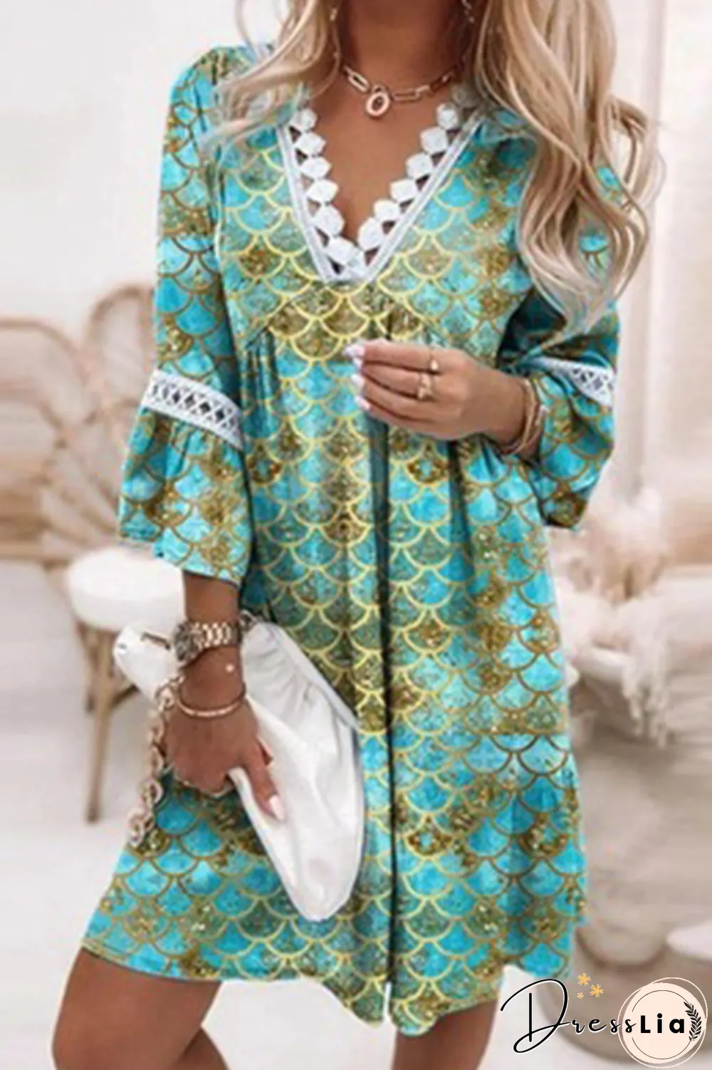 Casual Print Split Joint V Neck Straight Dresses(6 Colors)
