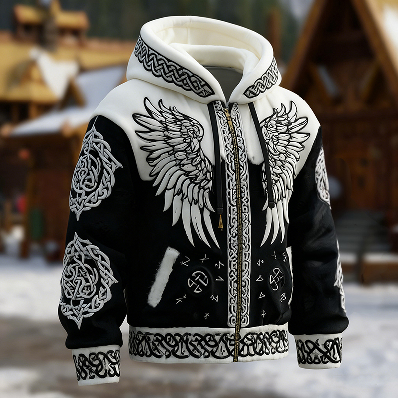 Men's Celtic Knot Wing Pattern Warm Zip-up Sweatshirt elevenforest