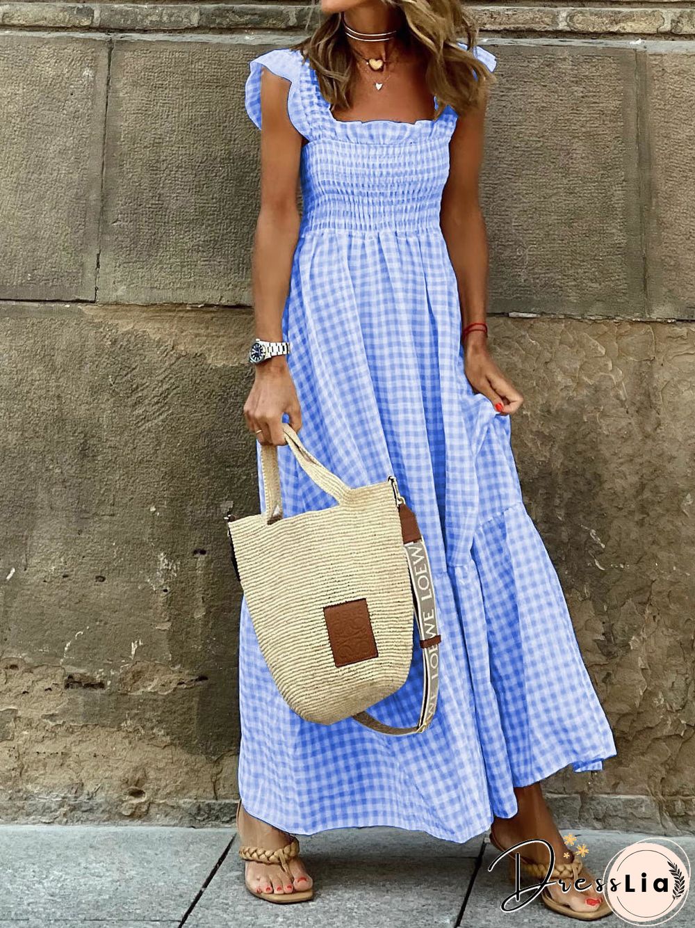 Women'S Dresses Square Neck Plaid Print Ruffle Sleeve Dress