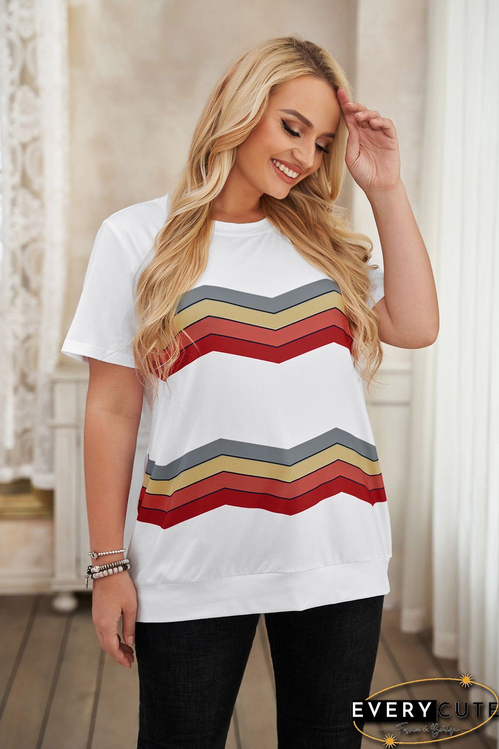 White Colorful Stripes Print Short Sleeve Plus Size Top