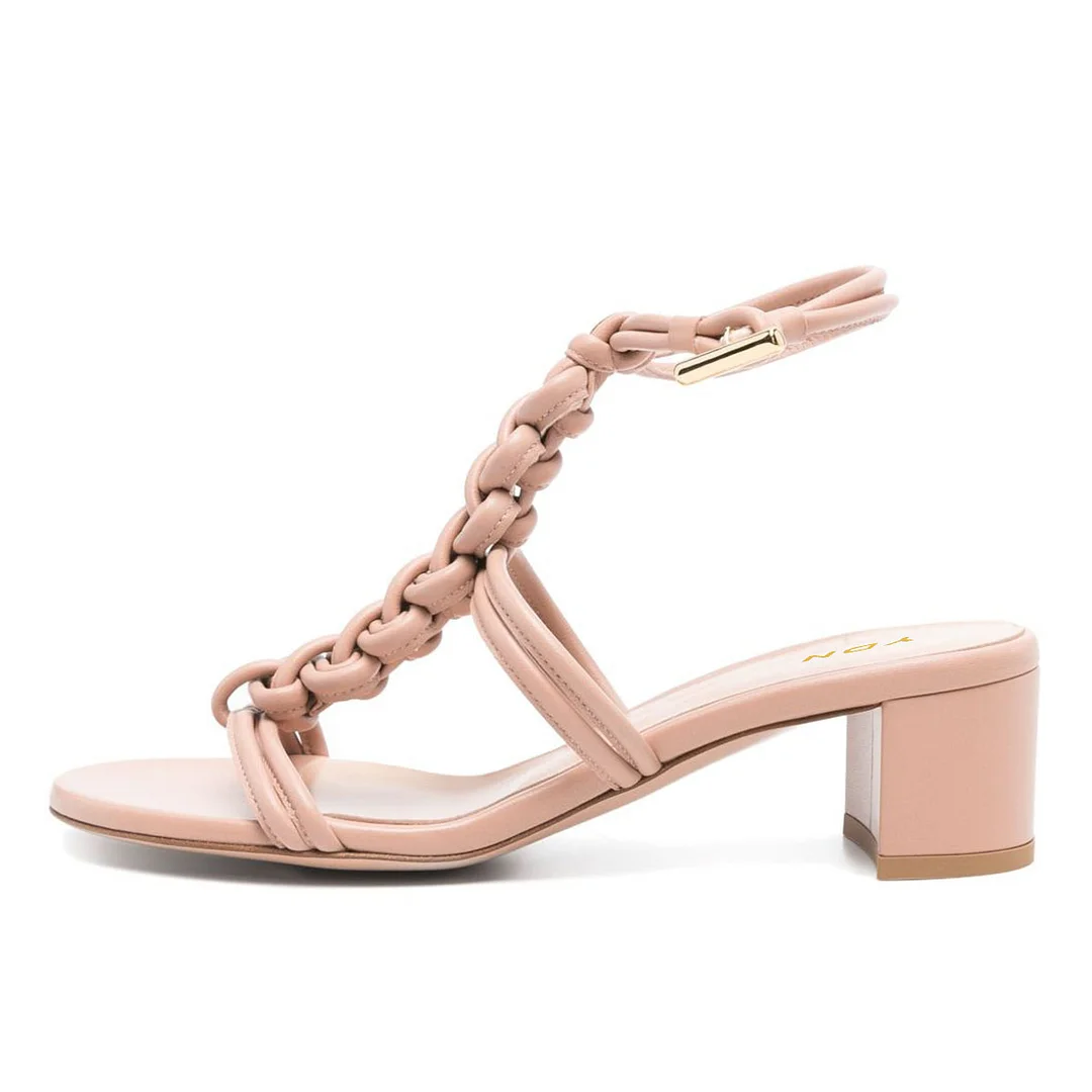 Vegan Leather Open-Toe Braided T-Strap Block Heel Pink Sandals