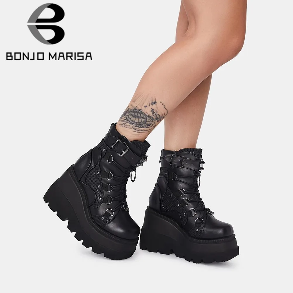BONJOMARISA 2021 Brand Platform Designer Goth Cool Motorcyle Women Boots Punk Street Zipper Elastic Band Black Ladies Shoes