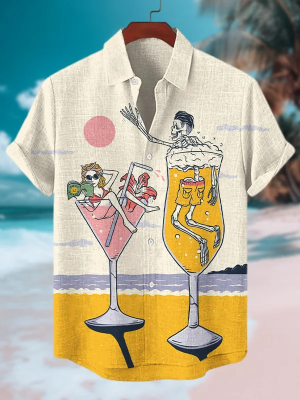 Men's Seaside Cocktail Lady And Skeleton Print Short Sleeve Shirt
