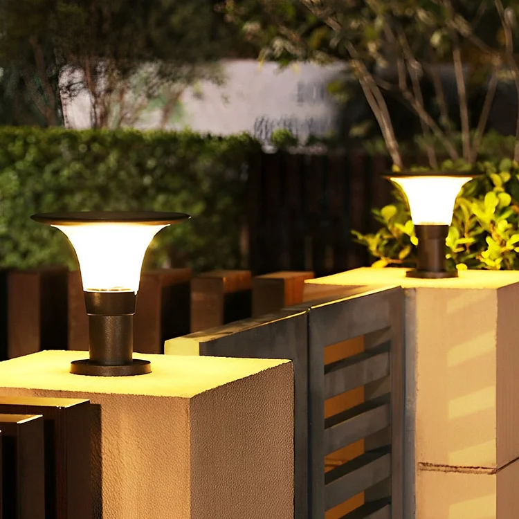 Round Dimmable LED Waterproof Black Modern Solar Fence Post Lights Pillar Lamp - Appledas