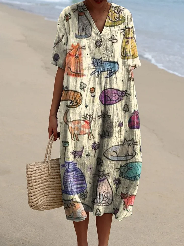 Women's Cat Watercolor Contrasting Color Geometry Art Print Flowy Dress