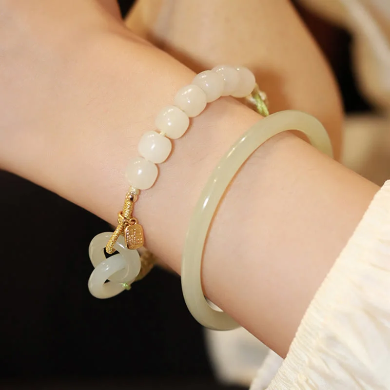 Natural Hetian Jade Bead Double Peace Buckle Fu Character Abundance Braided Bracelet