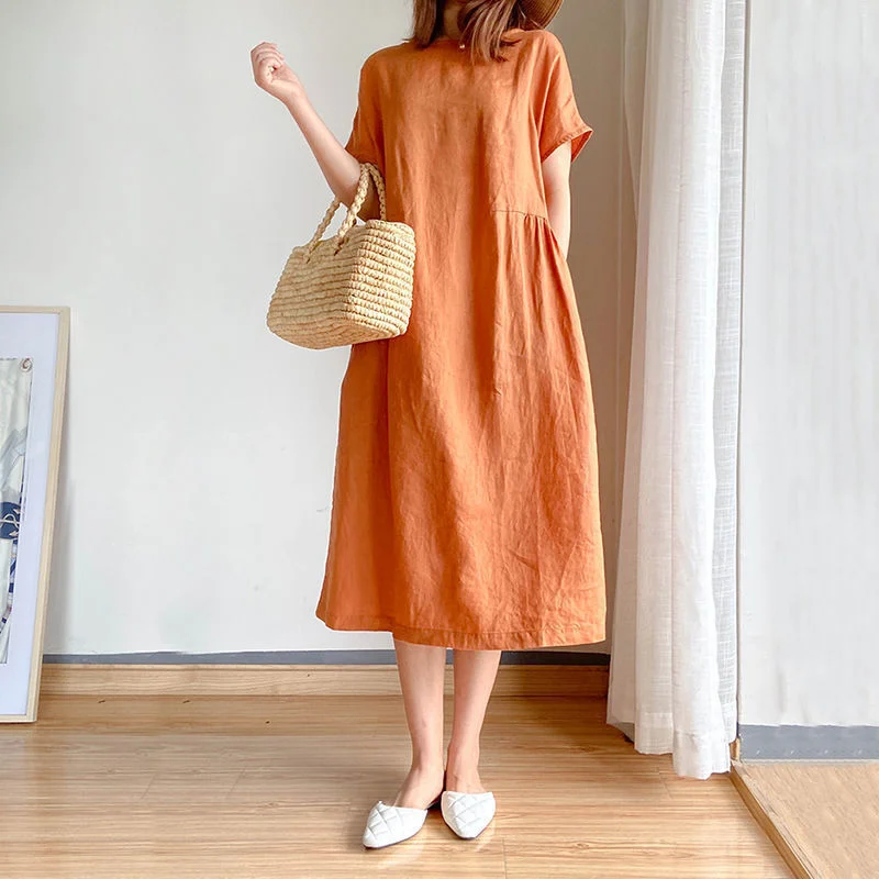 Nigikala Nigikala New Leisure Spring And Summer Loose Skirt Short Sleeve Round Neck Solid Cotton Linen Dress