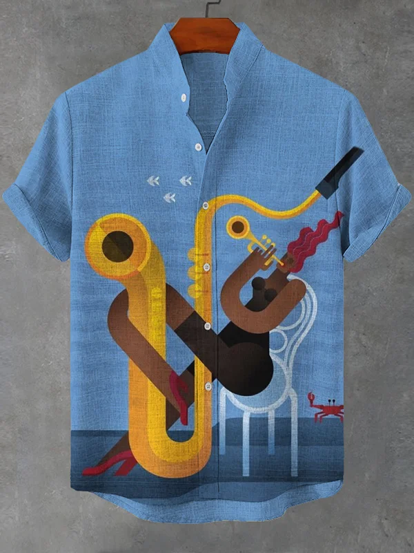 Men's Saxophone Music Abstract Portrait Art Print Linen Blend Shirt