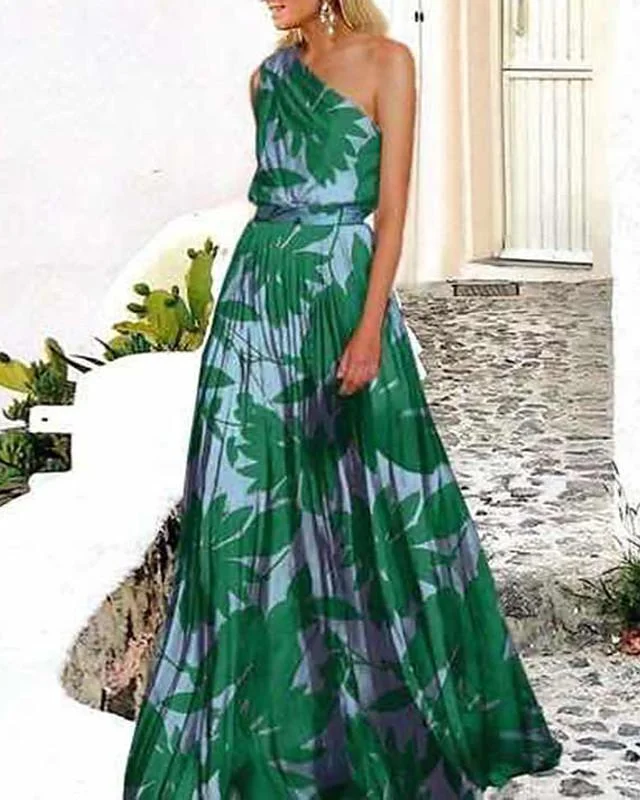Women's Swing Dress Maxi long Dress Sleeveless Print Trees / Leaves Spring & Summer One Shoulder Hot Holiday Beach vacation dresses Green Rose Red S M L XL XXL