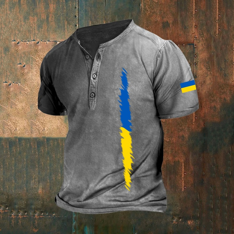 Comstylish Men's Ukraine Flag Print Henley T-shirt