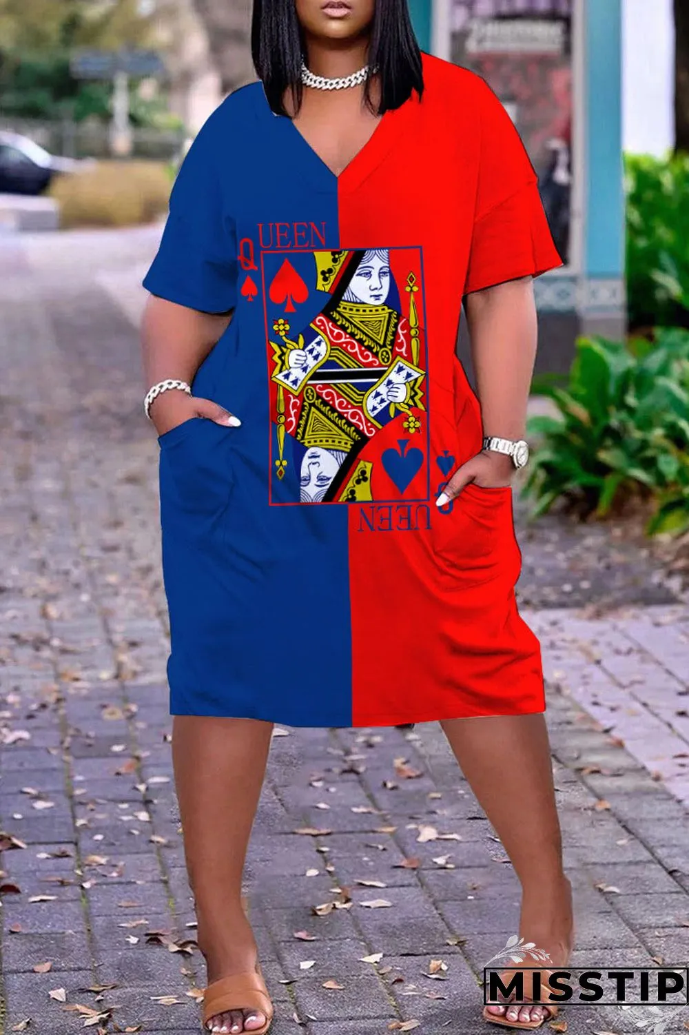 Colour Casual Street Print Patchwork V Neck Straight Dresses