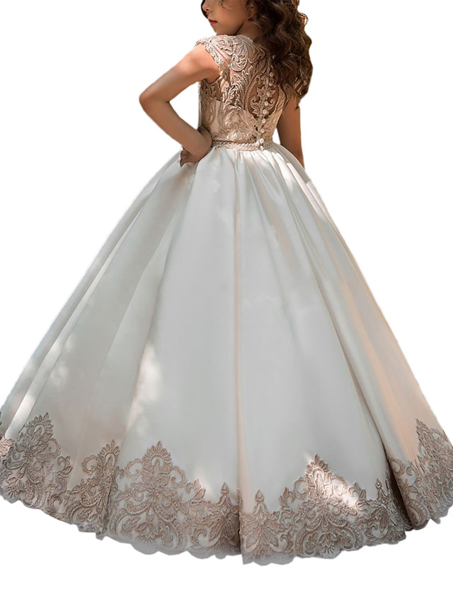 Cap Sleeve Jewel Ball Gown Wedding Dress with Floral Appliques main image 1