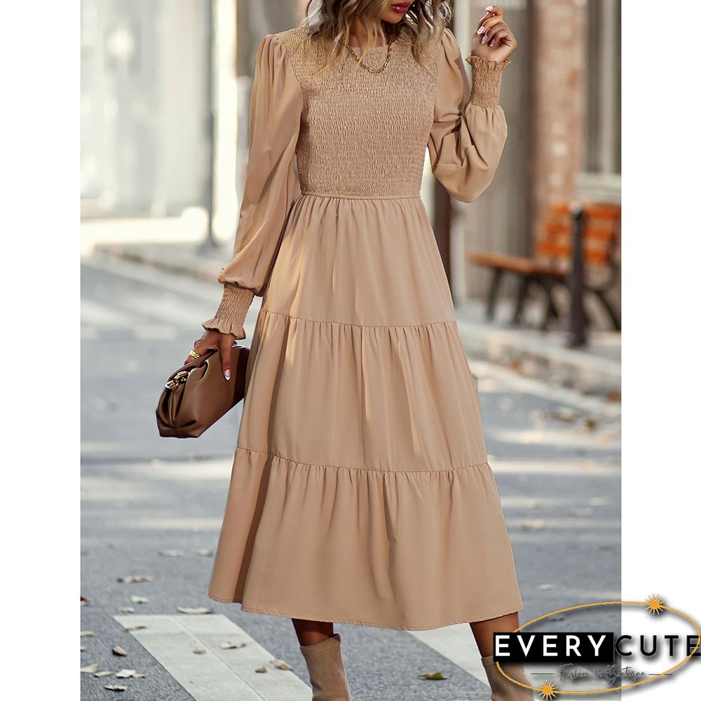 Khaki Crew Neck Smocked Swing Midi Dress