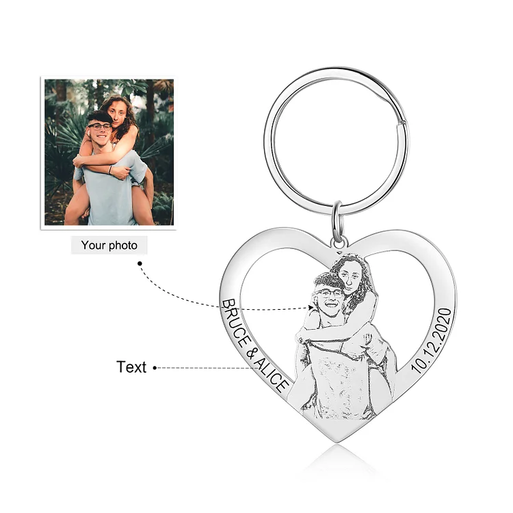 Personalized Photo Keychain Engraved 2 Texts Heart Charm Keychain