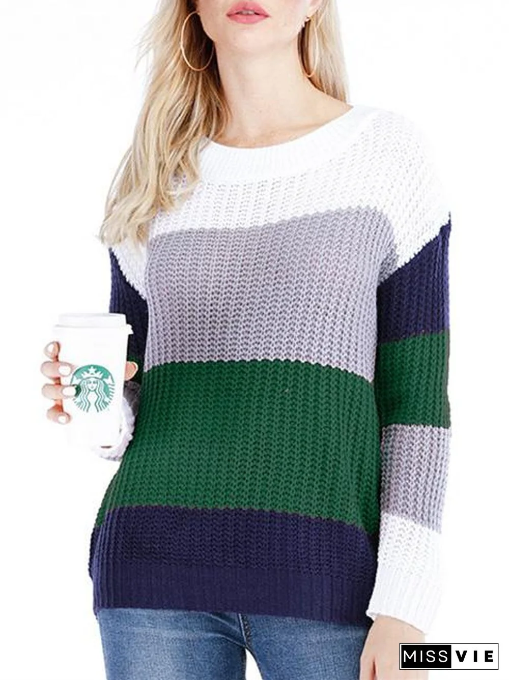 Women's Scoop Neck Long Sleeve Striped Stitching Sweater Top