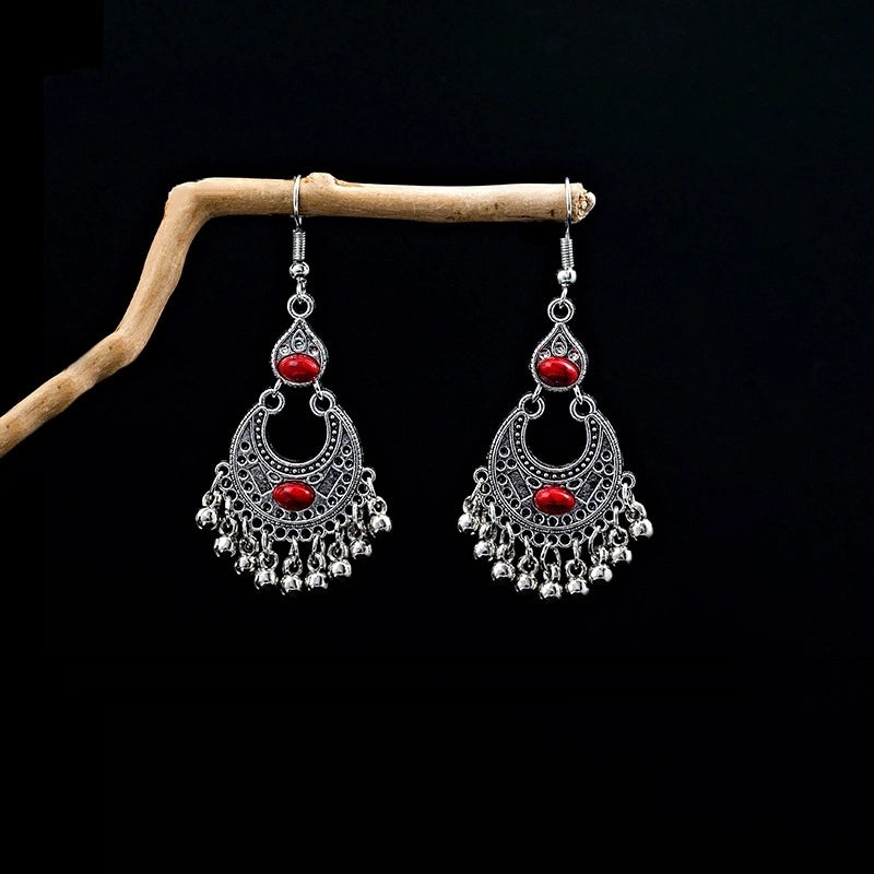 Bohemian Blue Turquoise National Style Earrings Imitation Miao Silver Metal Earrings Vintage Tassel Earrings