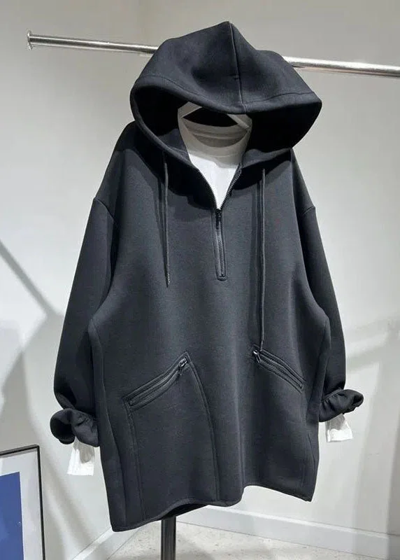 Unique Black Zippered Drawstring Hooded Pullover Long Sleeve