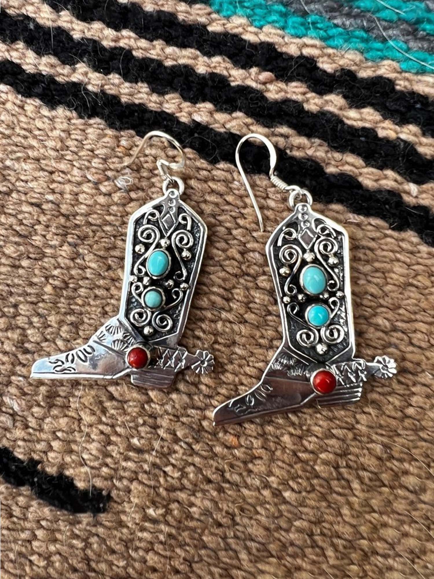 Vintage Two-Tone Turquoise Boots Western Cowboy Style Earrings