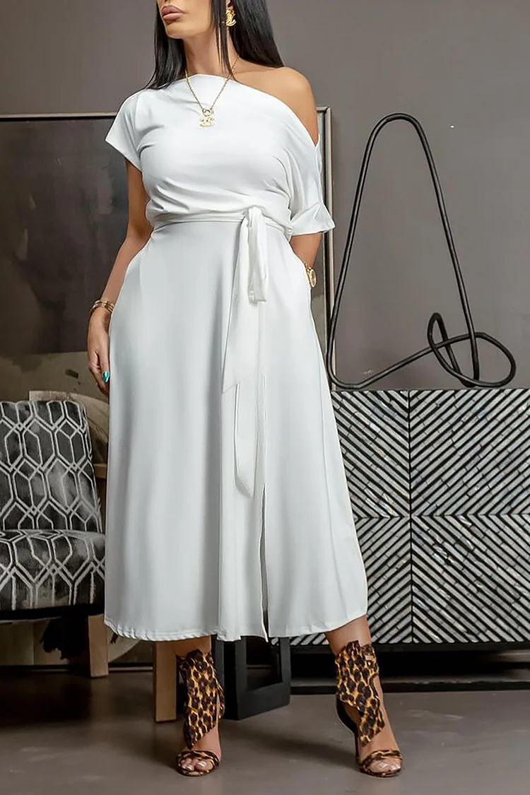 Plus Size Daily White Oblique Collar Short Sleeve Pocket Split Knitted Midi Dresses 