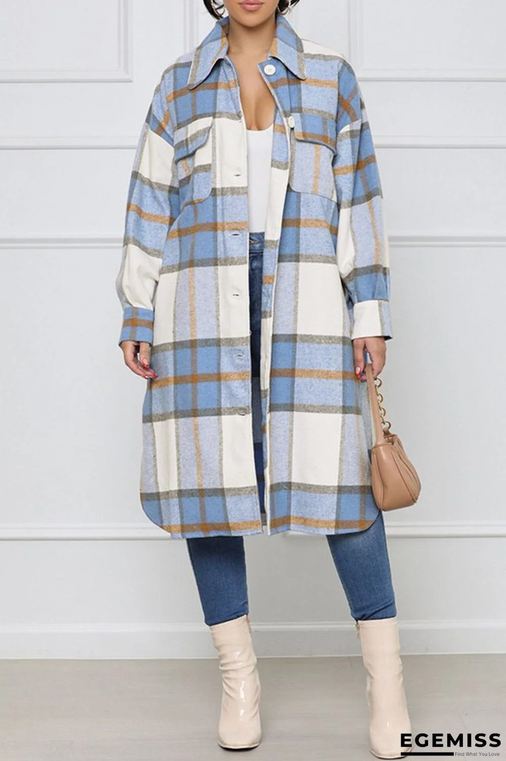 Blue Fashion Casual Plaid Cardigan Turndown Collar Outerwear | EGEMISS