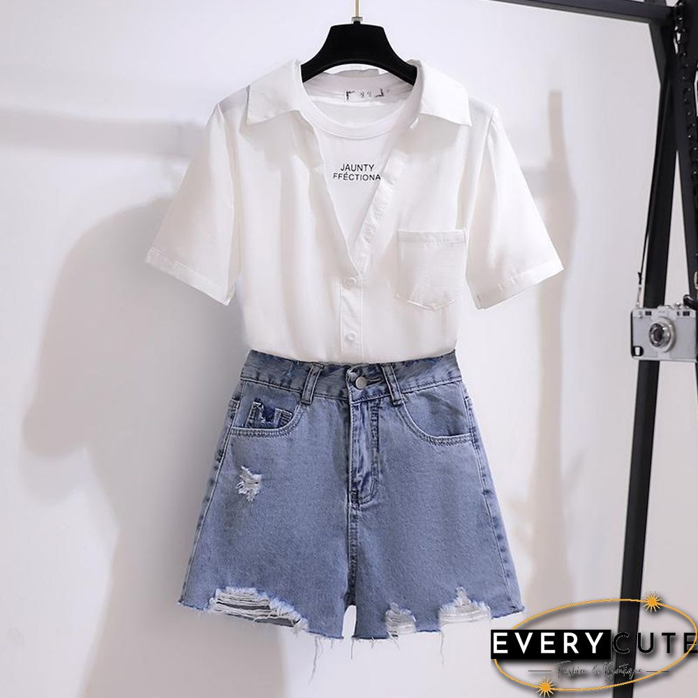 Patchwork Blouse+Hole Denim Shorts P13860