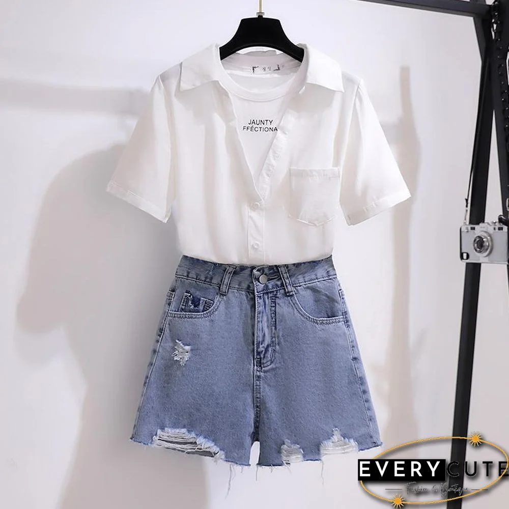 Patchwork Blouse+Hole Denim Shorts P13860