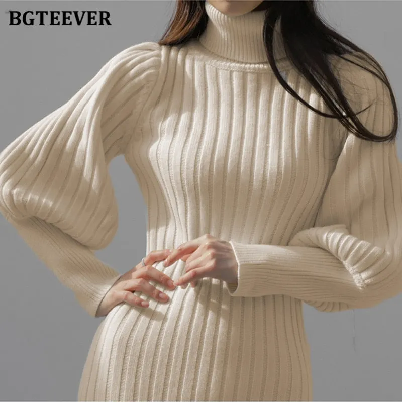BGTEEVER Autumn Winter Turtleneck Women Knitted Dress 2020 Elegant Thick Full Sleeve Slim Mermaid Vestidos Femme