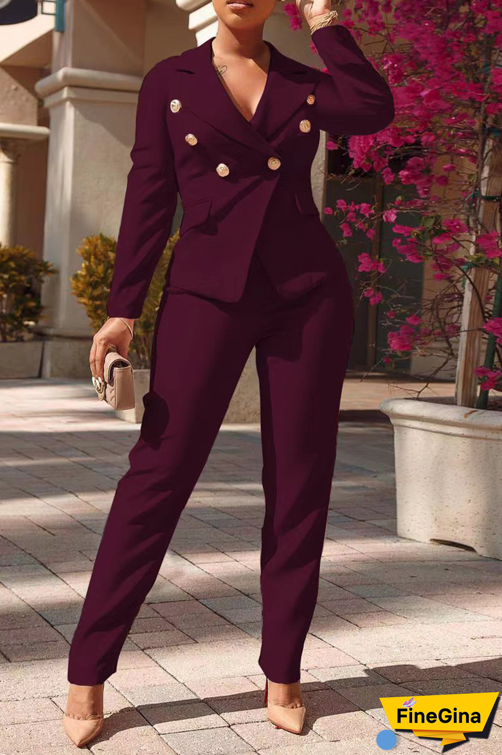 Pink Fashion Solid Buckle Turndown Collar Long Sleeve Two Pieces