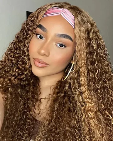 Aiterina Headband Wig deep wave human hair wigs For Black Women Brazilian Remy Hair Glueless Non Lace Front Wig Wear and Go Wigs Machine Made 150% Density(14 inch,#4/27 Highlight)