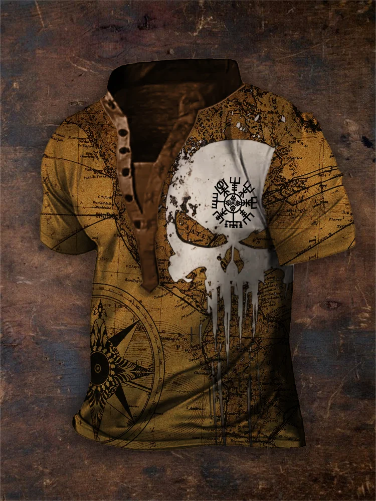 Men's Viking Vegvisir Skull Vintage Map Henley Shirt