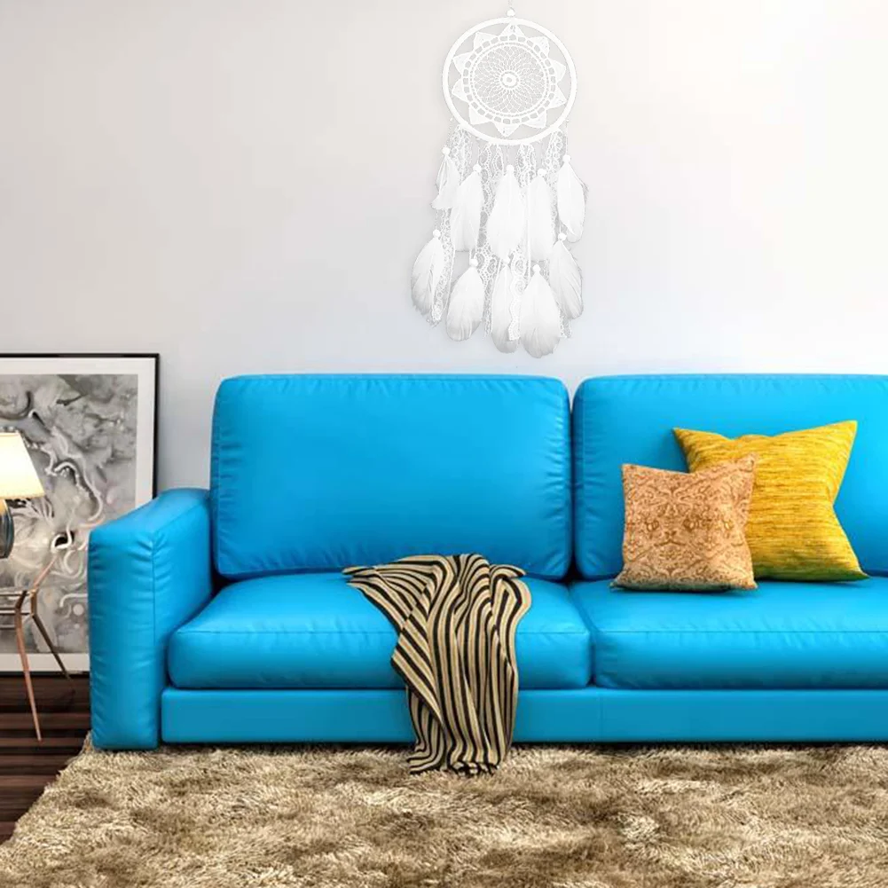 White Dream Catcher Wooden Beads Lace Pendant Feather Wind Chime (MS6060)