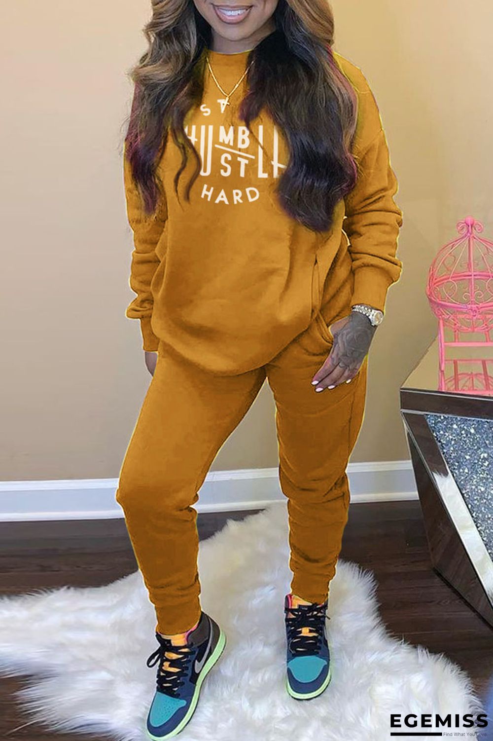 Orange Casual Letter Print Patchwork O Neck Long Sleeve Two Pieces | EGEMISS