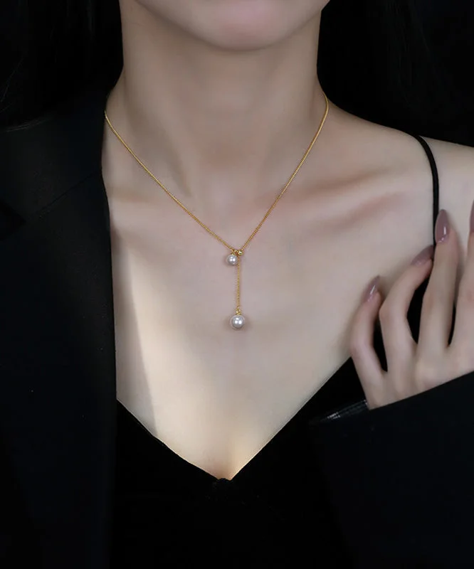 Stylish Gold Sterling Silver Overgild Pearl Retractable Pendant Necklace