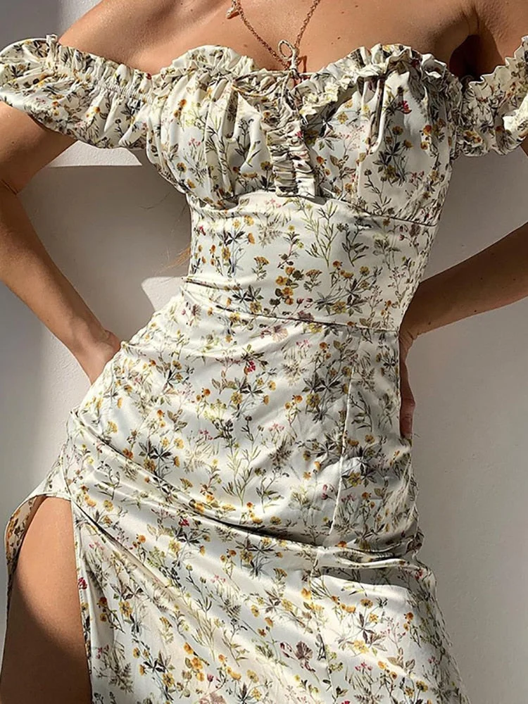 Jacqueline 2022 Puff Sleeve Midi Floral Dress Women Retro Elegant Sexy Split Sundress Casual Ruched Drawstring Dresses Summer