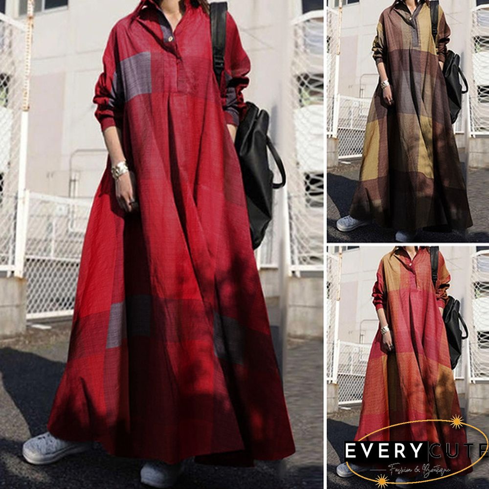 Women Kaftan Full Sleeve Length Oversize Ladies Casual Plaid Check Maxi Shirt Dress Plus Size