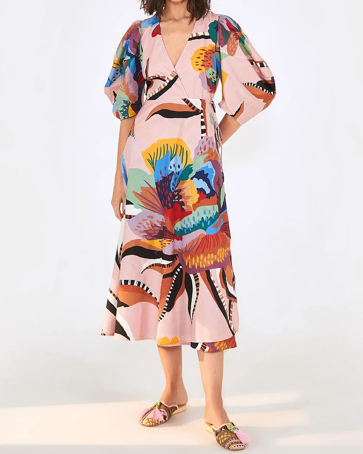 V-neck mid-sleeve printed midi dress