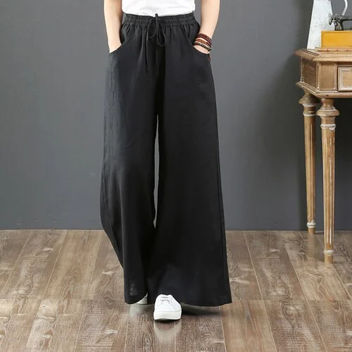 Casual Pants Women Linen Casual Ins S-3XL Female Elegant Popular Spring Baggy Ulzzang Drawstring Wide Leg Trouser 21 Colors Chic