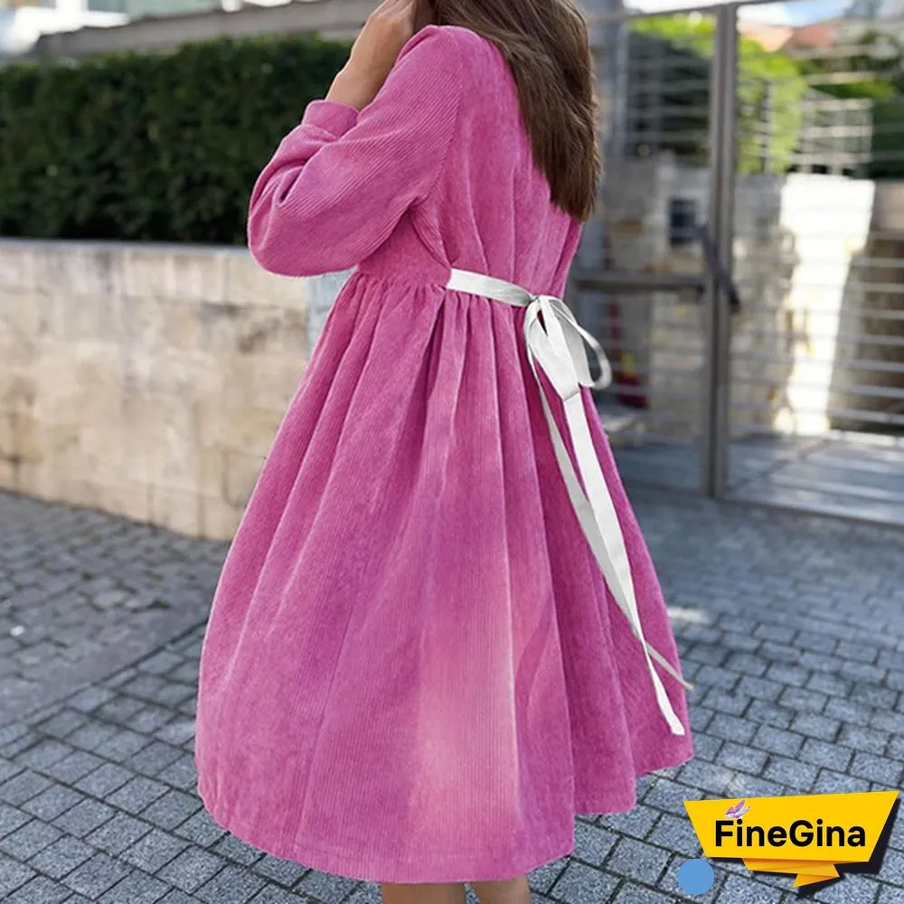 Women Corduroy Long Sleeve A Line Dress Plus Size Mini Tunic Dress