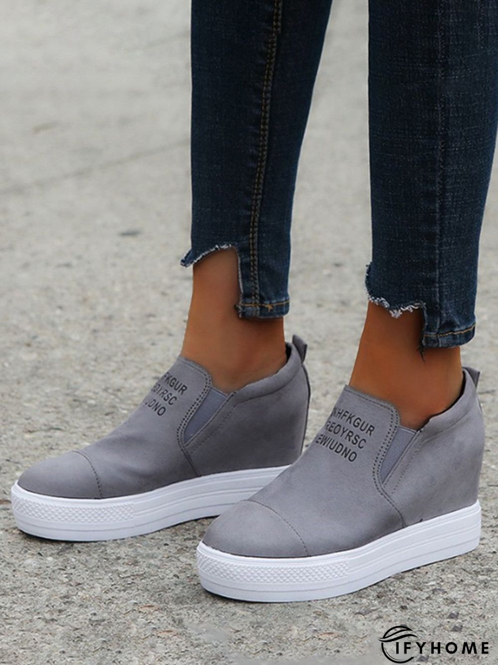 Letter Stitching Inner Heightening Round Toe Wedges | IFYHOME