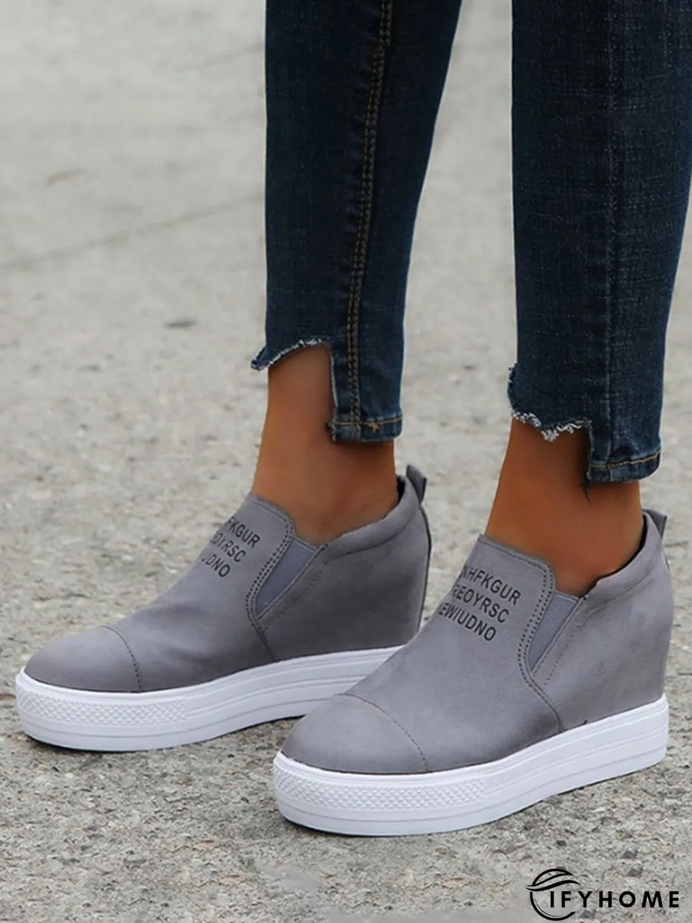 Letter Stitching Inner Heightening Round Toe Wedges | IFYHOME