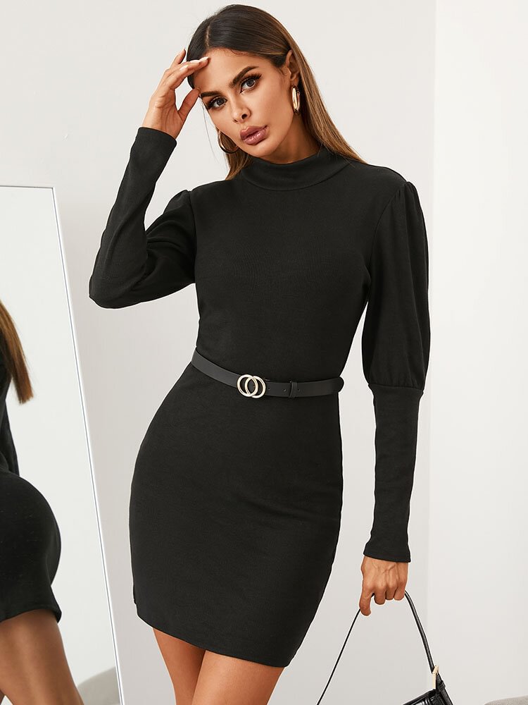 Solid Mock Neck Long Sleeve Casual Dress For Women - Shop Trendy Women's Clothing | LoverChic