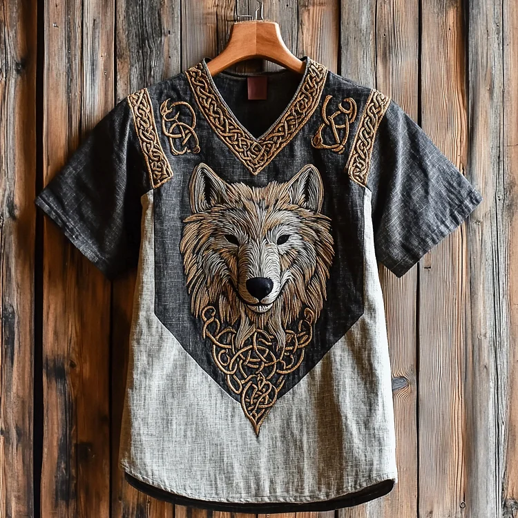 Men's Viking Celtic Wolf Embroidery Linen T Shirt