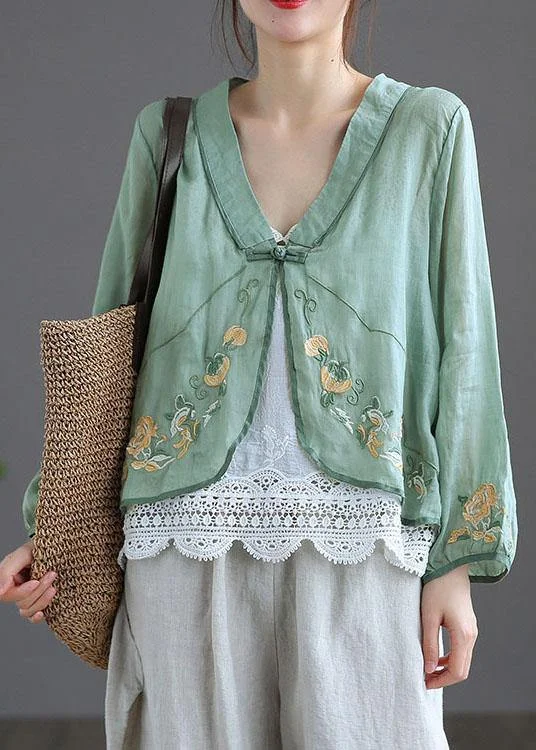 Green V Neck Embroideried Summer Ramie Cardigan Long Sleeve