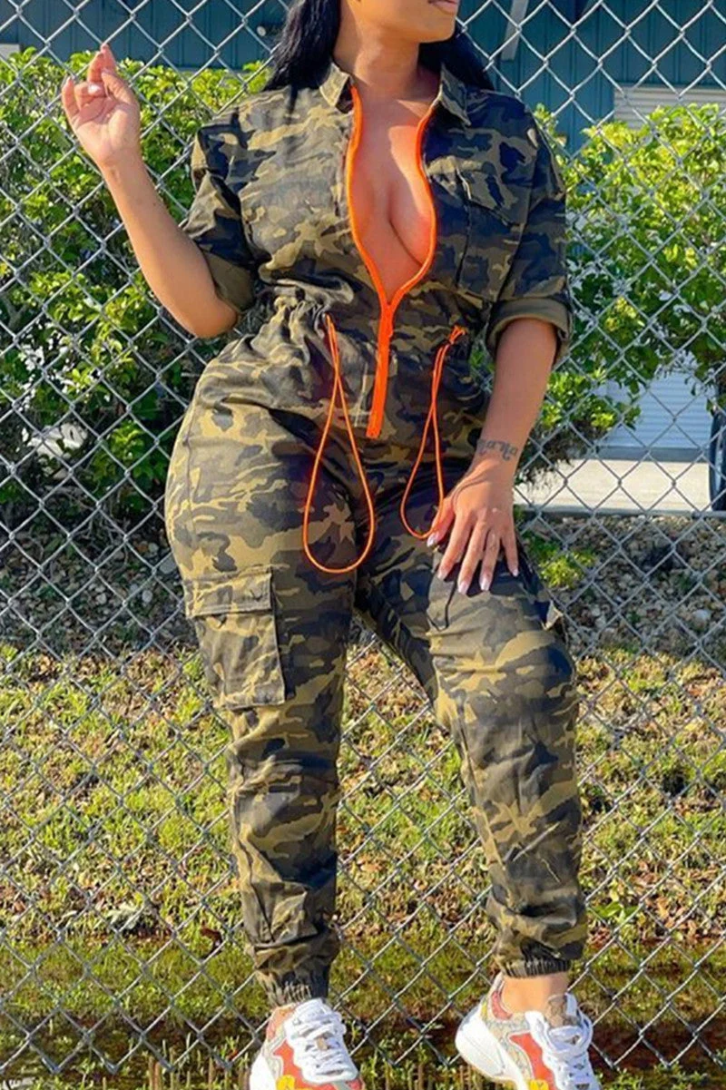 Fashion Casual Camouflage Print Bandage Zipper Collar Regular Jumpsuits