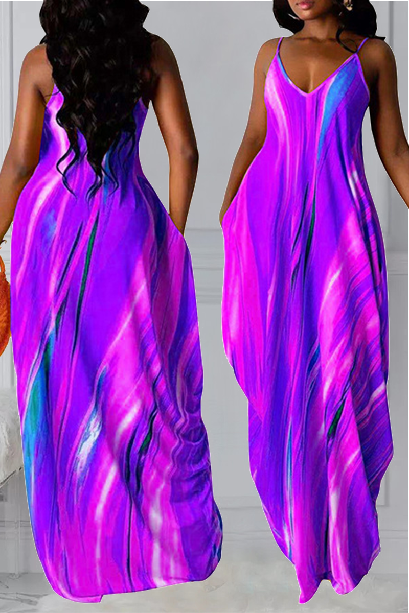 Purple Casual Print Split Joint Spaghetti Strap Straight Dresses