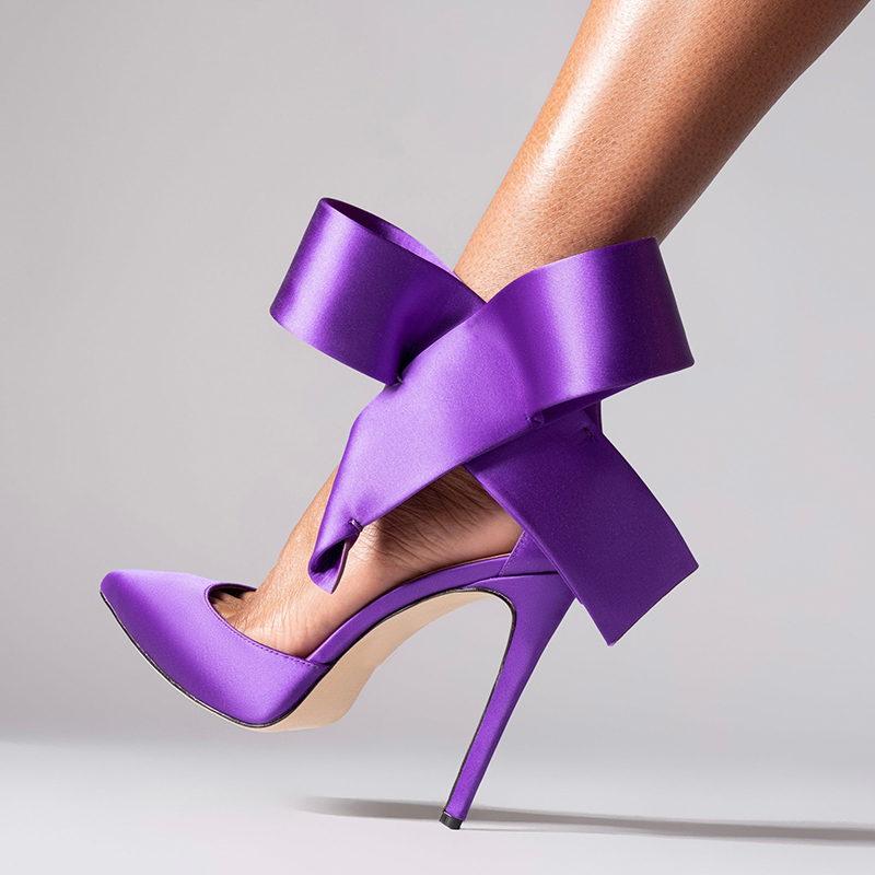 Purple Satin Ankle Strap Bow Heels Pointed Toe Stiletto Shoes