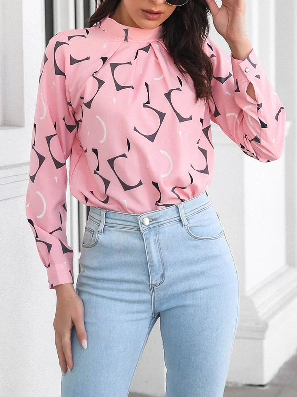 Casual Loose Long Sleeves Contrast Color Printed Stand Collar Blouses&Shirts Tops