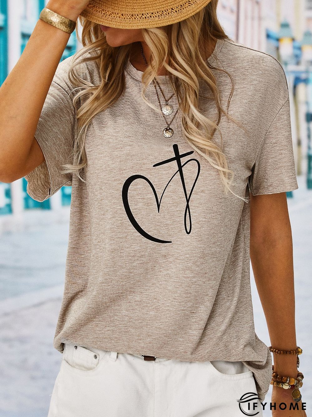 Casual Loose Heart/Cordate Crew Neck Short Sleeve T-Shirt | IFYHOME